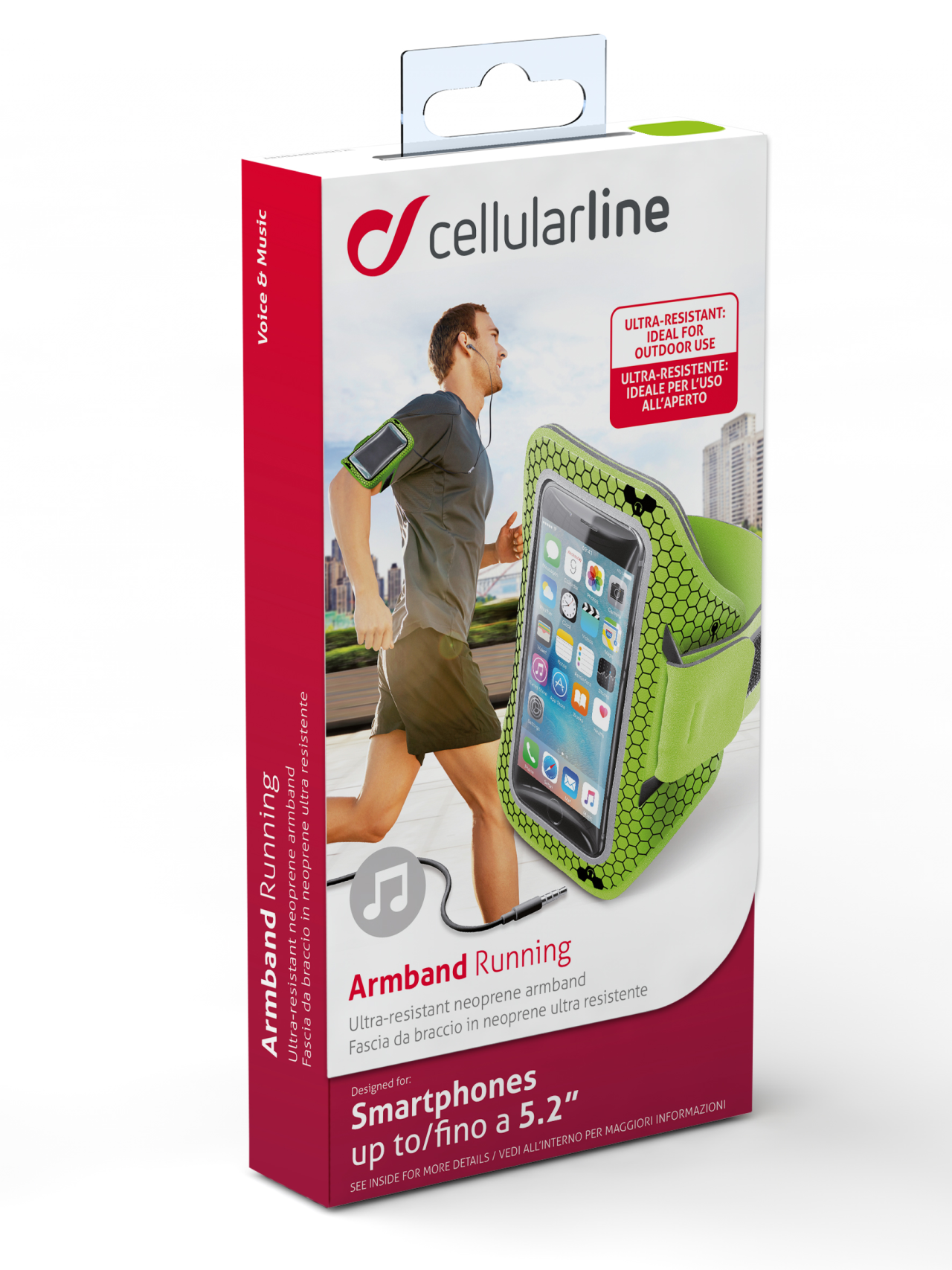 Sportovní neoprénové pouzdro CellularLine ARMBAND RUNNING, pro smartphony do velikosti 5,2", limetková