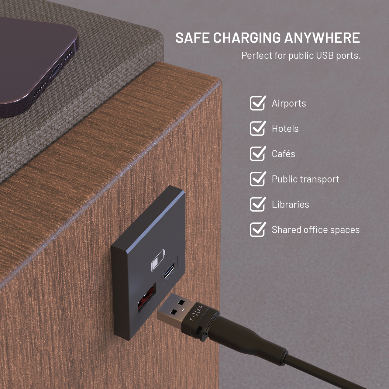 Hliníkový USB-C/C a USB-C/U Data blocker 2in1 FIXED, černý