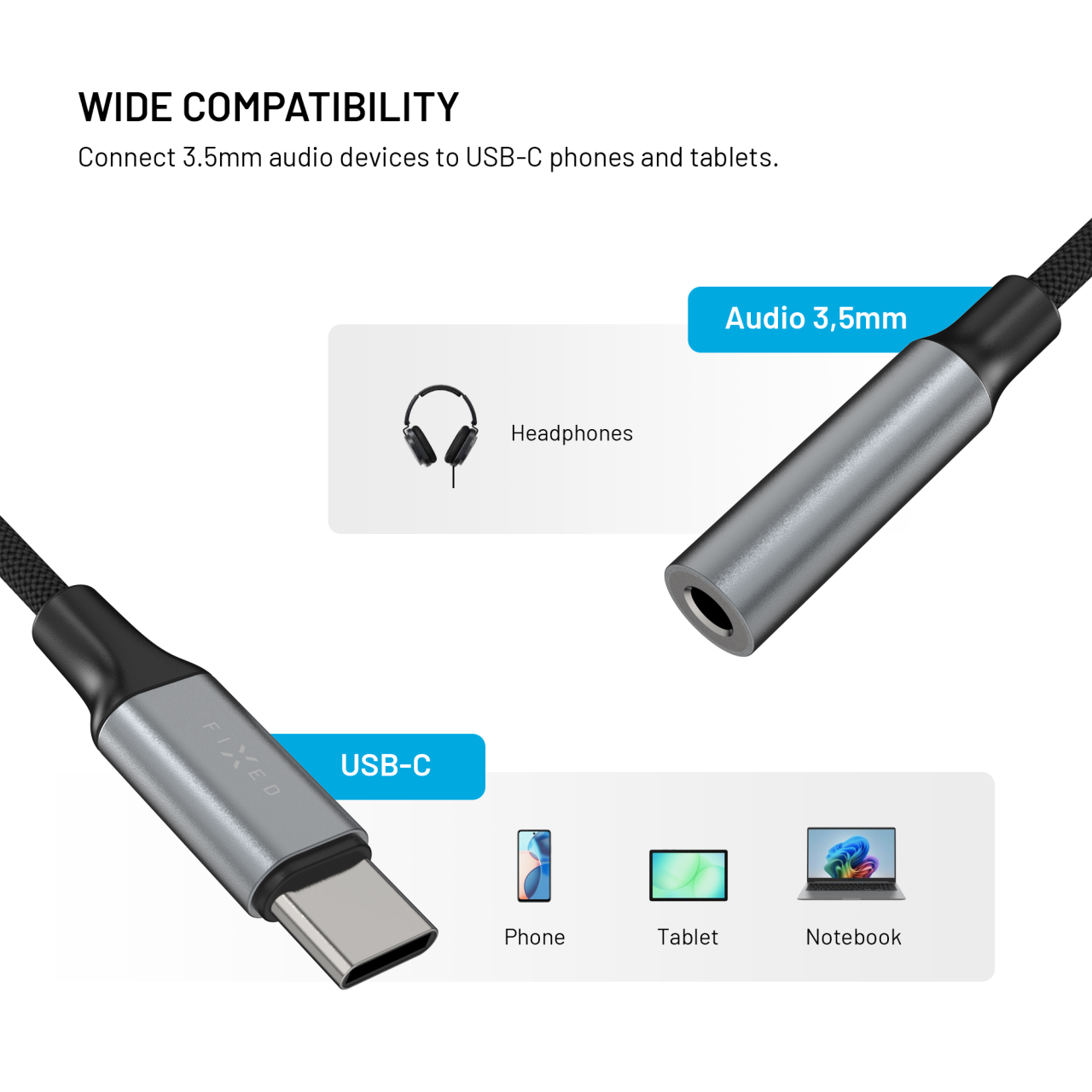 Redukce FIXED USB-C na 3,5mm jack šedá