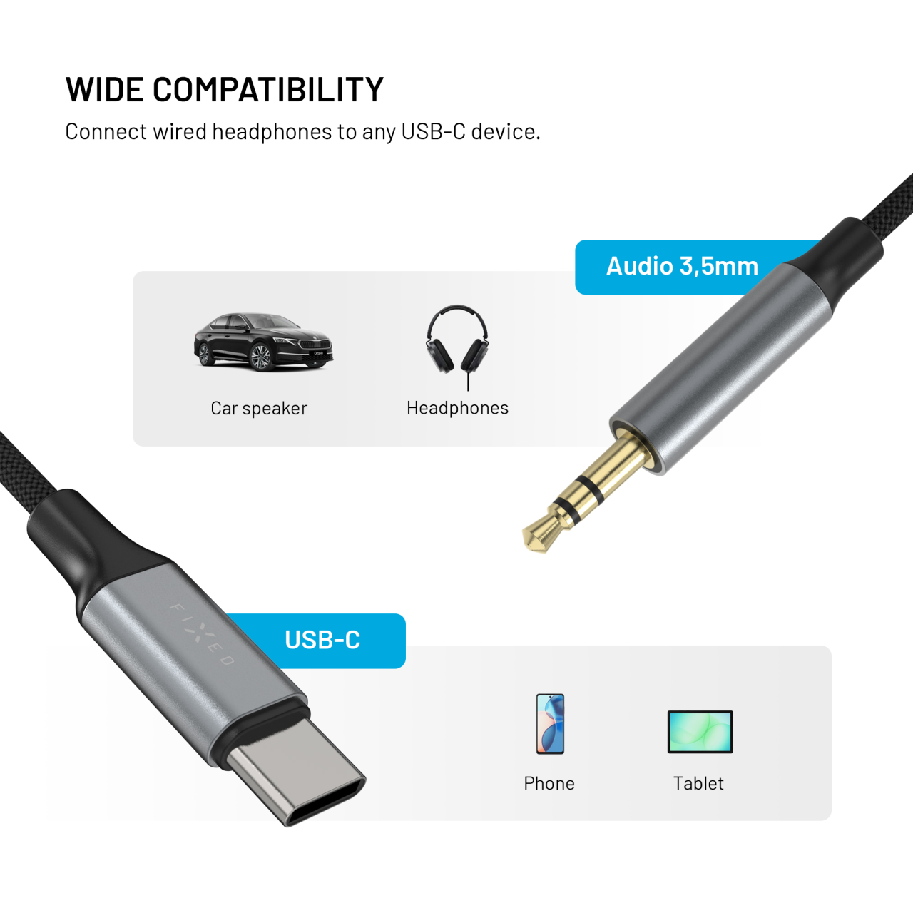 Audio kabel FIXED USB-C na jack 1,5 m šedý