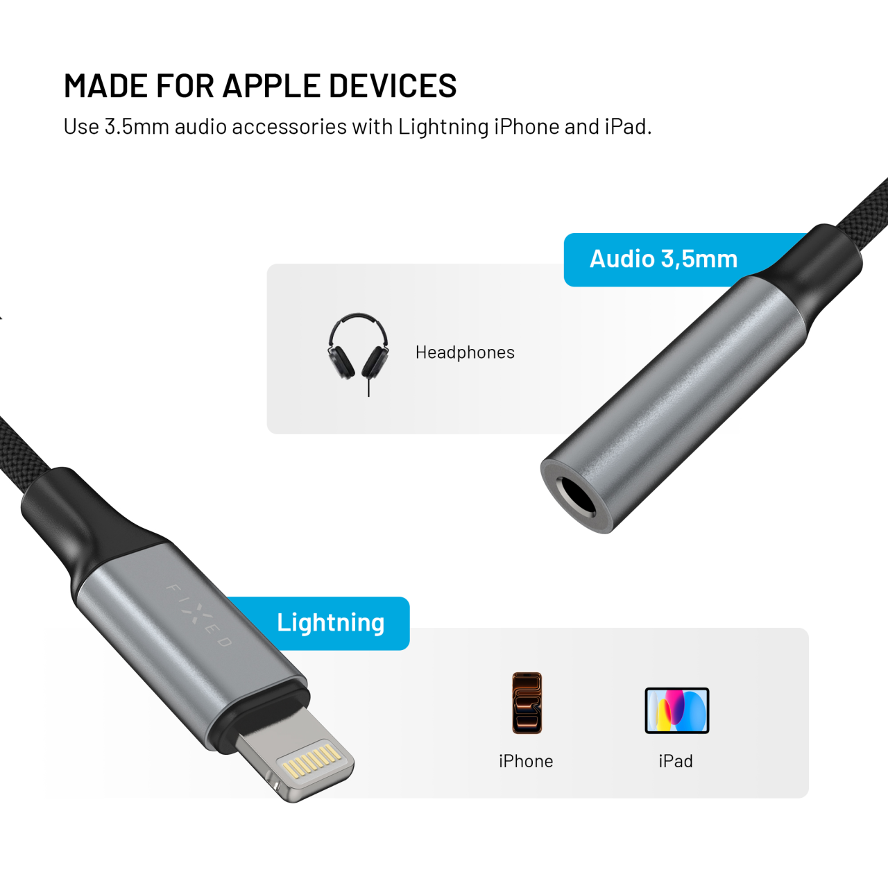 Redukce FIXED Lightning na 3,5mm jack šedá
