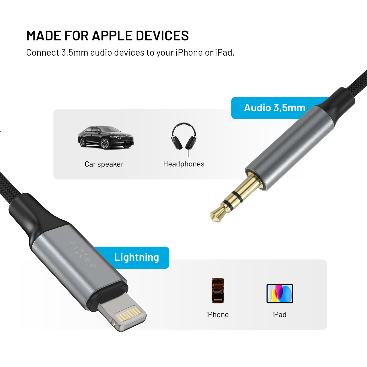 Audio kabel FIXED Lightning na jack 1,5 m šedý