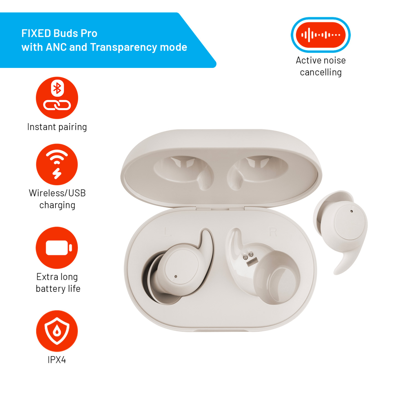 FIXED Bezdrátová TWS sluchátka Buds Pro s ANC a bezdrátovým nabíjením, šedá