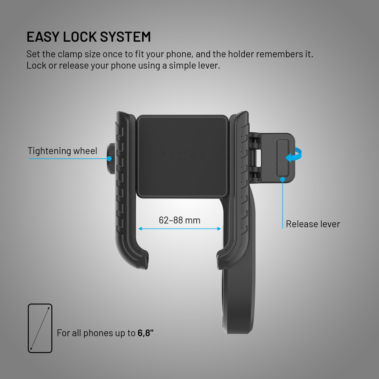 Univerzální držák mobilního telefonu na kolo FIXED Bikee Plus Vista s uchycením na střed řídítek, černý