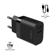 FIXED Set síťové nabíječky s 2xUSB výstupem a USB/USB-C kabelu, 1 metr, 17W Smart Rapid Charge, černá