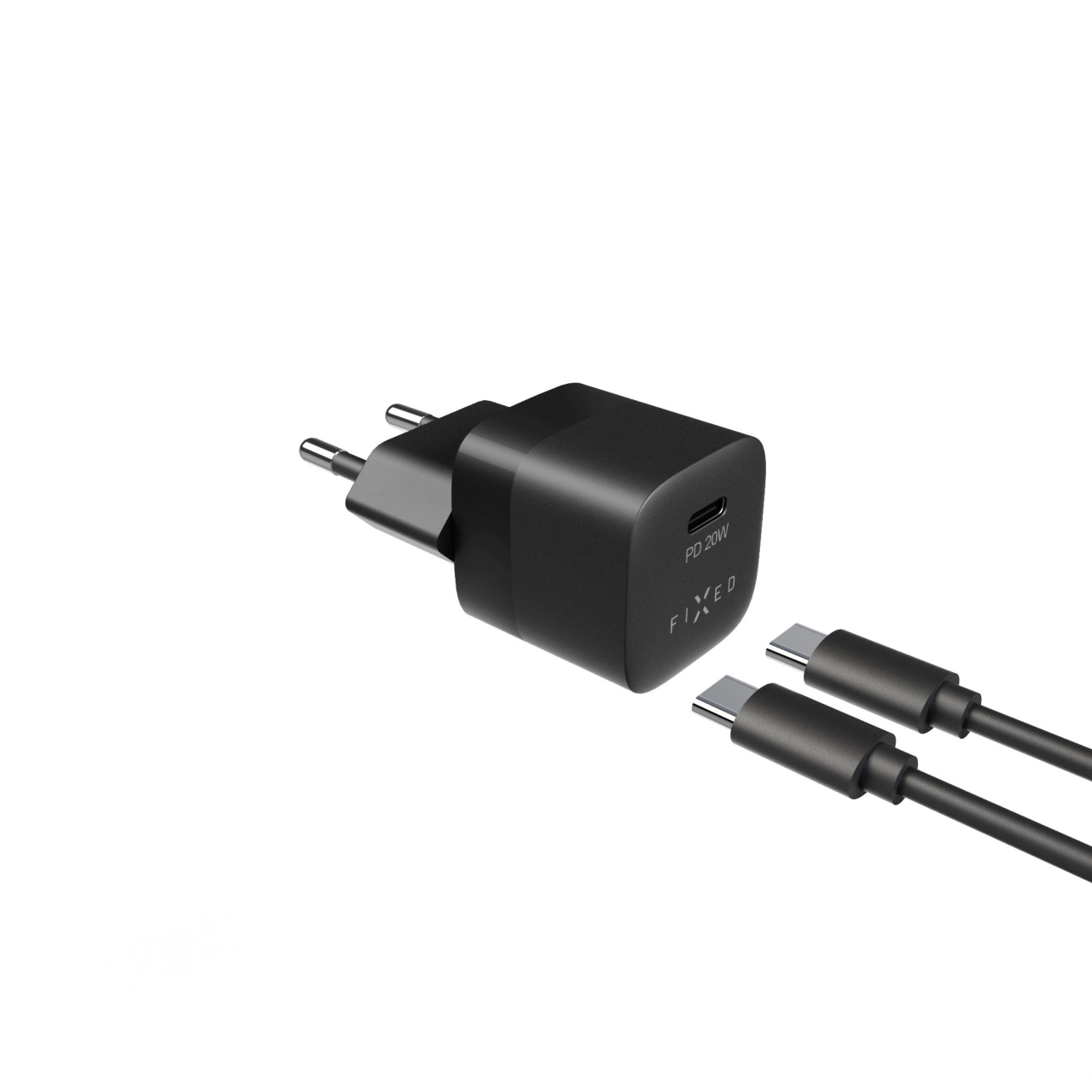FIXED Set síťové nabíječky Mini s USB-C výstupem a USB-C/USB-C kabelu, podpora PD, 1 metr, 20W, černý
