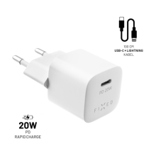 FIXED Set síťové nabíječky Mini s USB-C výstupem a USB-C/Lightning kabelu, podpora PD, 1 metr, MFI, 20W, bílý