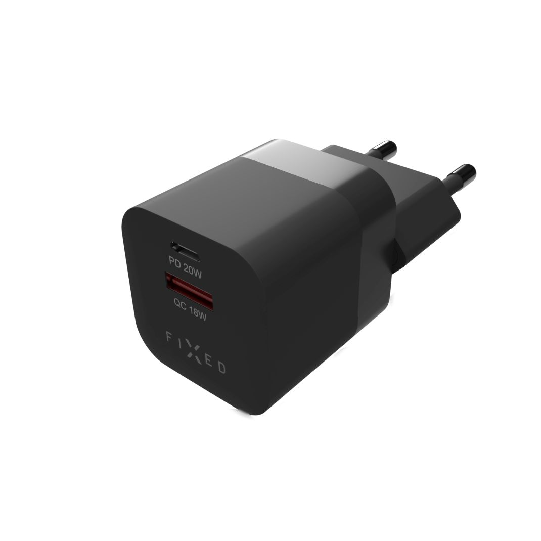 FIXED Síťová nabíječka Mini s USB-C a USB výstupem, podpora PD a QC 3.0, 20W, černá