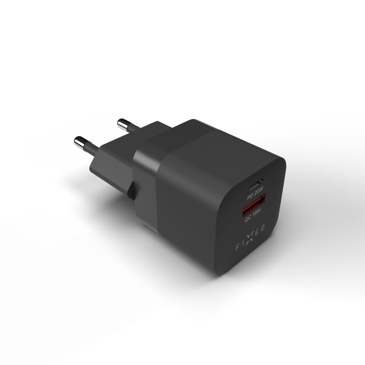 FIXED Síťová nabíječka Mini s USB-C a USB výstupem, podpora PD a QC 3.0, 20W, černá
