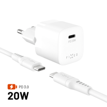 Set síťové nabíječky FIXED Mini s USB-C výstupem a USB-C/USB-C kabelu, podpora PD, 1,2 metr, 20W, bílý