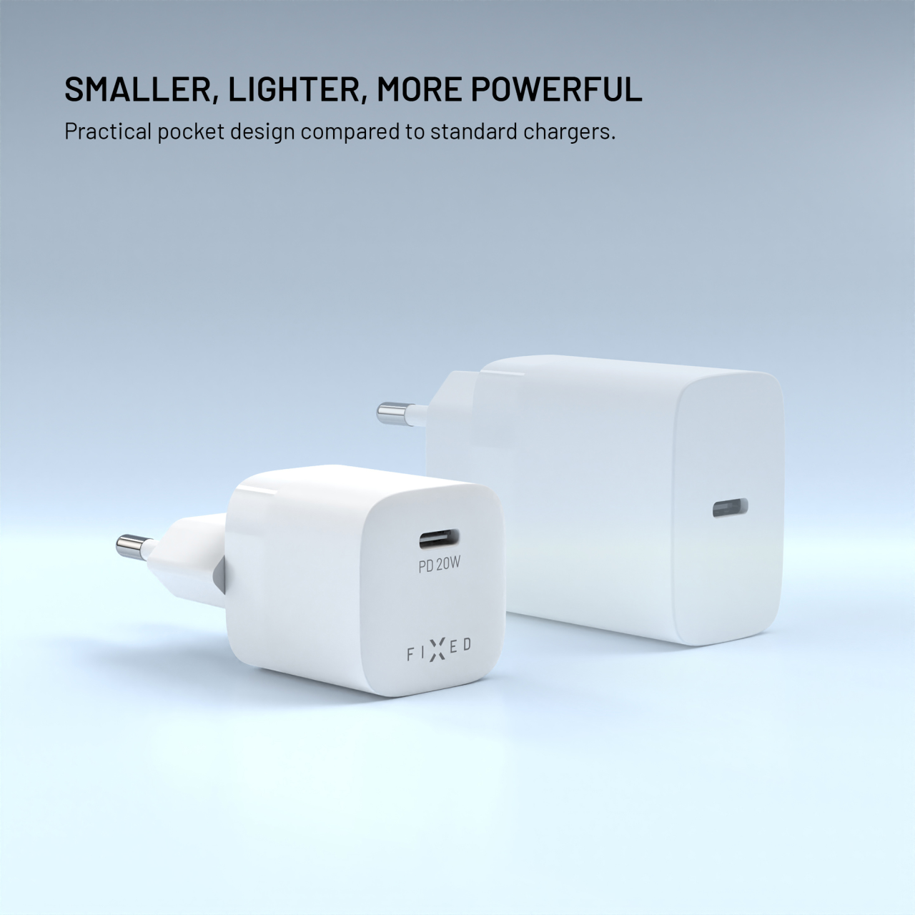 Set síťové nabíječky FIXED Mini s USB-C výstupem a USB-C/USB-C kabelu, podpora PD, 1,2 metr, 20W, bílý