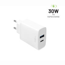 FIXED Síťová nabíječka s USB-C a USB výstupem, podpora PD, 30W, bílá