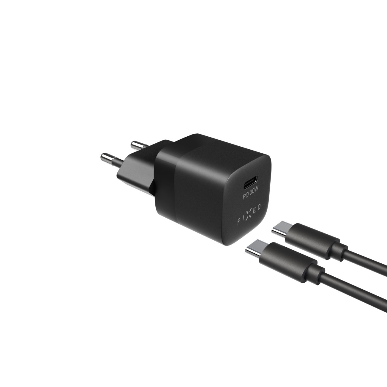 FIXED Set síťové nabíječky Mini s USB-C výstupem a USB-C/USB-C kabelu, podpora PD, 1 metr, 30W, černý