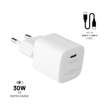 FIXED Set síťové nabíječky Mini s USB-C výstupem a USB-C/USB-C kabelu, podpora PD, 1 metr, 30W, bílý