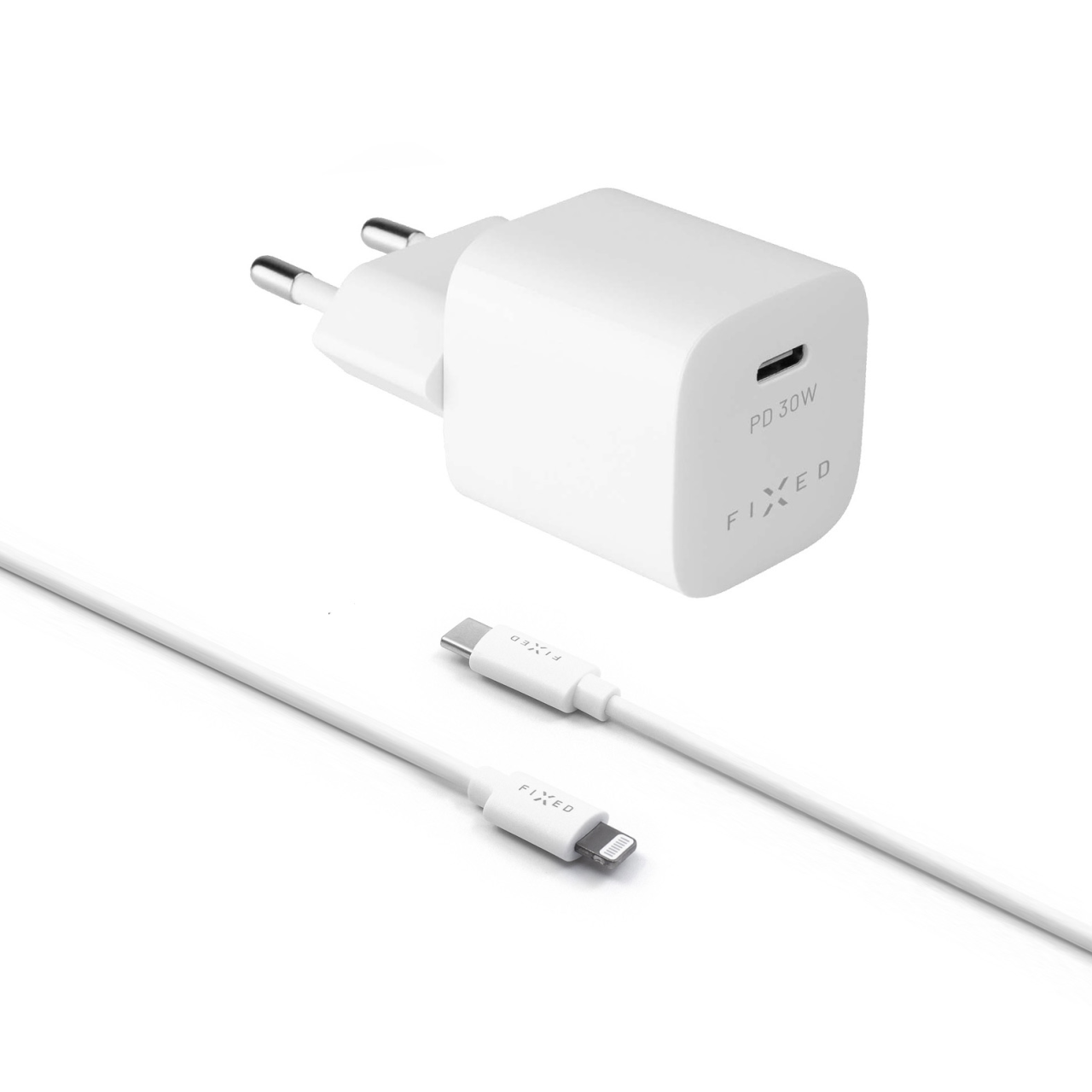 FIXED Set síťové nabíječky Mini s USB-C výstupem a USB-C/Lightning kabelu, podpora PD, 1.2 metr, MFI, 30W, bílý