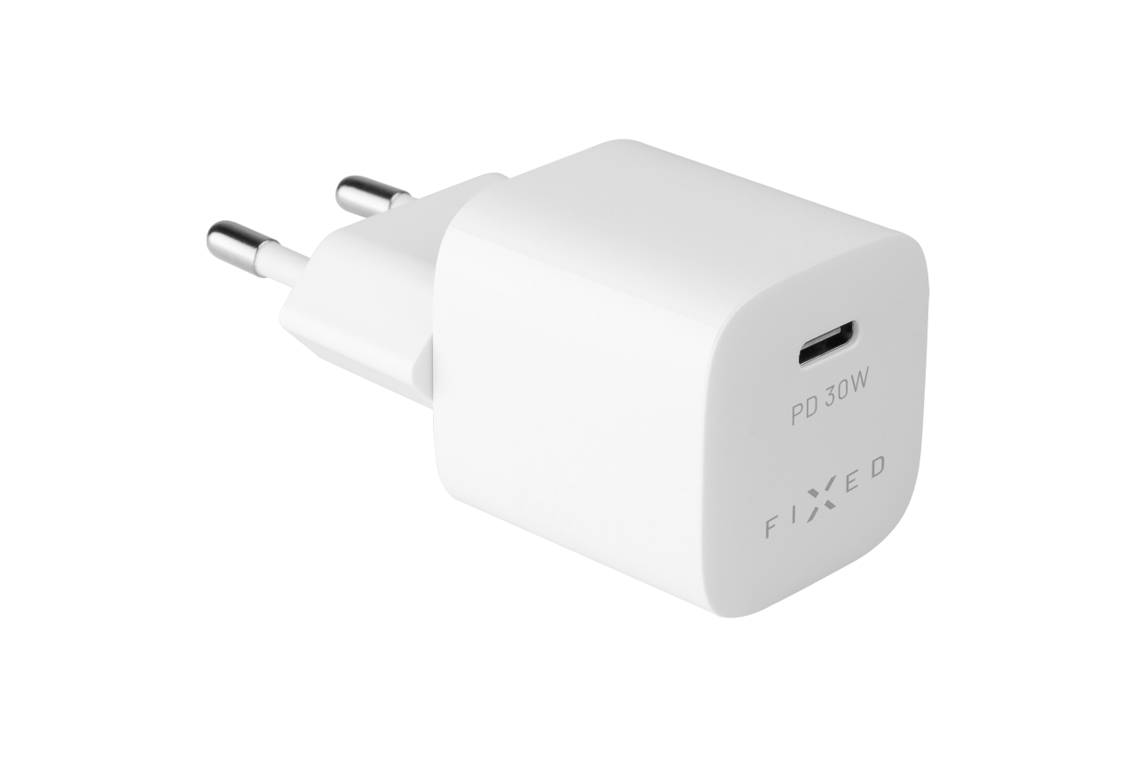 FIXED Set síťové nabíječky Mini s USB-C výstupem a USB-C/Lightning kabelu, podpora PD, 1.2 metr, MFI, 30W, bílý