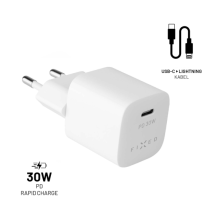FIXED Set síťové nabíječky Mini s USB-C výstupem a USB-C/Lightning kabelu, podpora PD, 1.2 metr, MFI, 30W, bílý