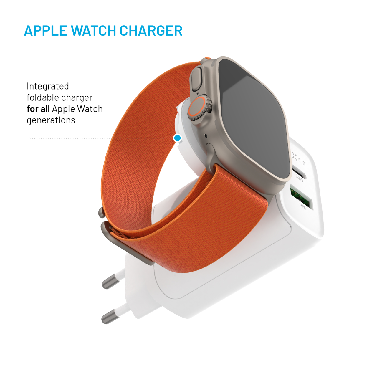 FIXED Síťová nabíječka Power Socket s USB-A a USB-C výstupem a vyklápěcí nabíječkou pro Apple Watch, 33W, bílá