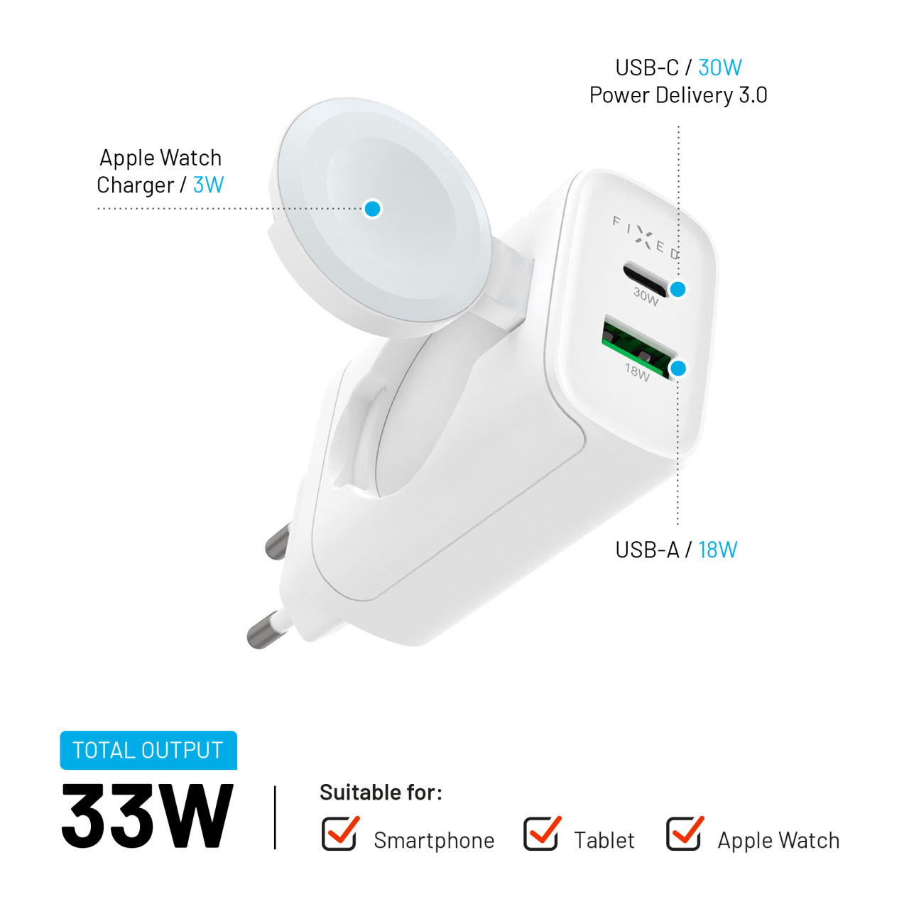 FIXED Síťová nabíječka Power Socket s USB-A a USB-C výstupem a vyklápěcí nabíječkou pro Apple Watch, 33W, bílá