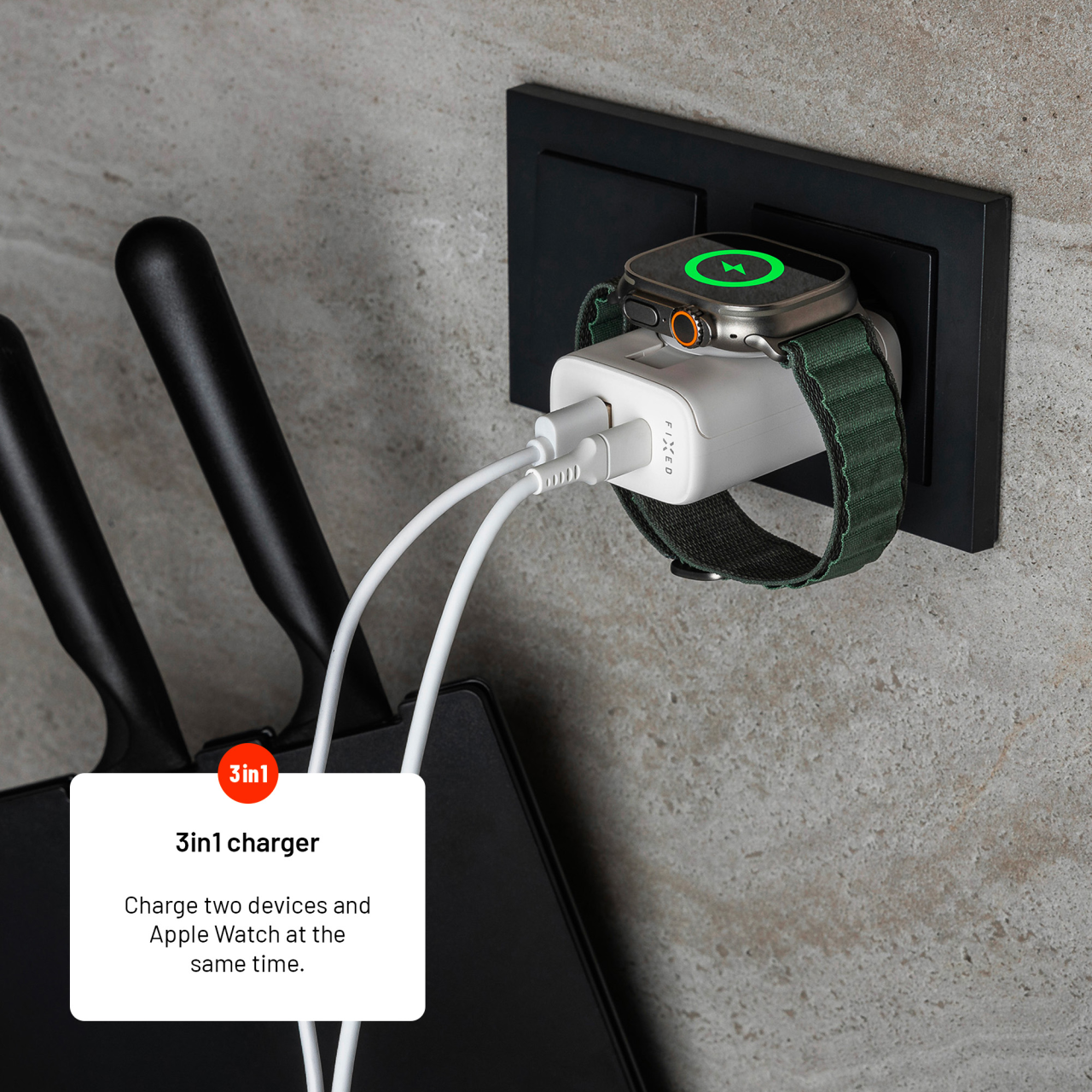 FIXED Síťová nabíječka Power Socket s USB-A a USB-C výstupem a vyklápěcí nabíječkou pro Apple Watch, 33W, bílá