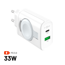FIXED Síťová nabíječka Power Socket s USB-A a USB-C výstupem a vyklápěcí nabíječkou pro Apple Watch, 33W, bílá