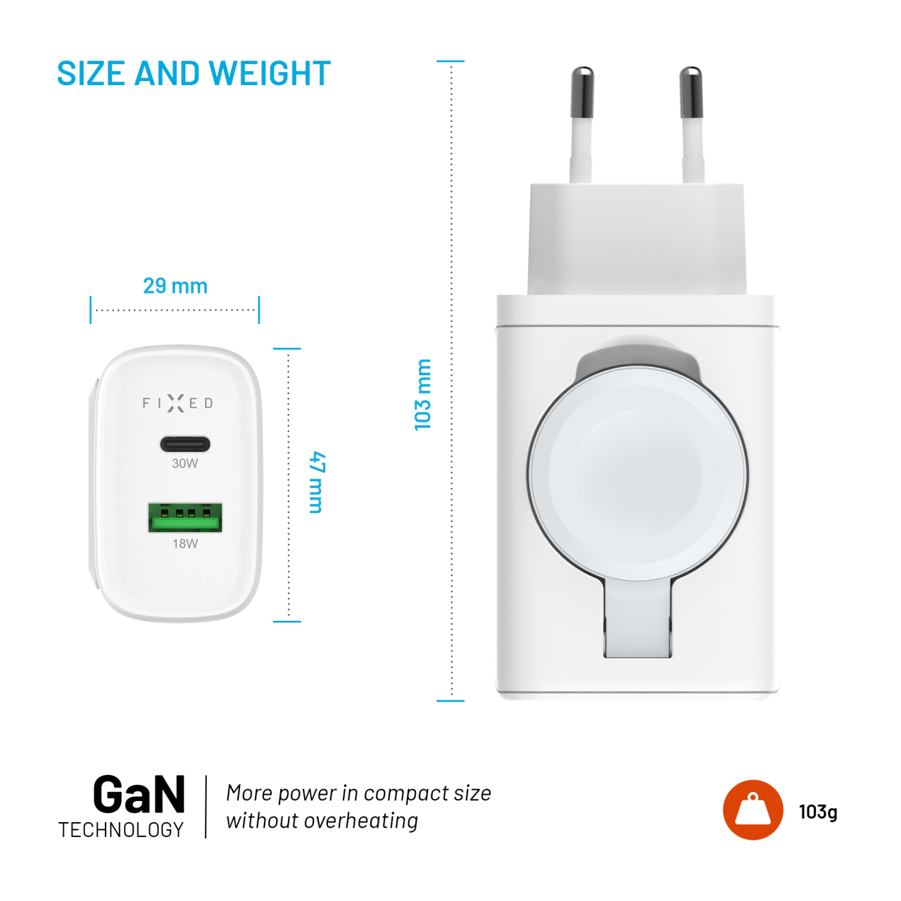 FIXED Síťová nabíječka Power Socket s USB-A a USB-C výstupem a vyklápěcí nabíječkou pro Apple Watch, 33W, bílá