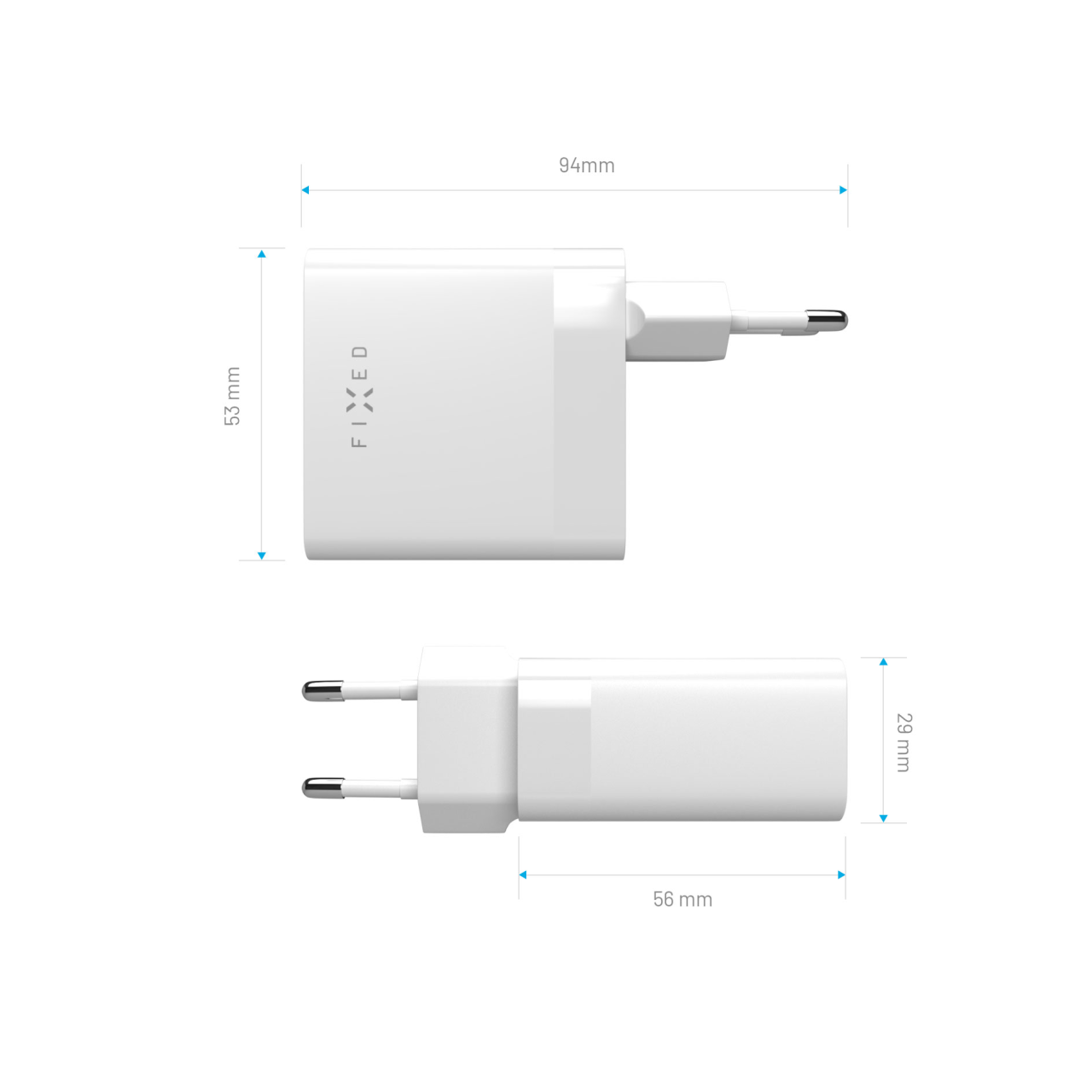 FIXED Síťová nabíječka s 2x USB-C výstupem, podpora PD, 65W, bílá