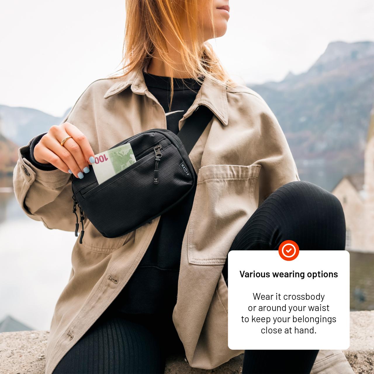 Taštička okolo pasu s kapsami FIXED Camino Belt, černá