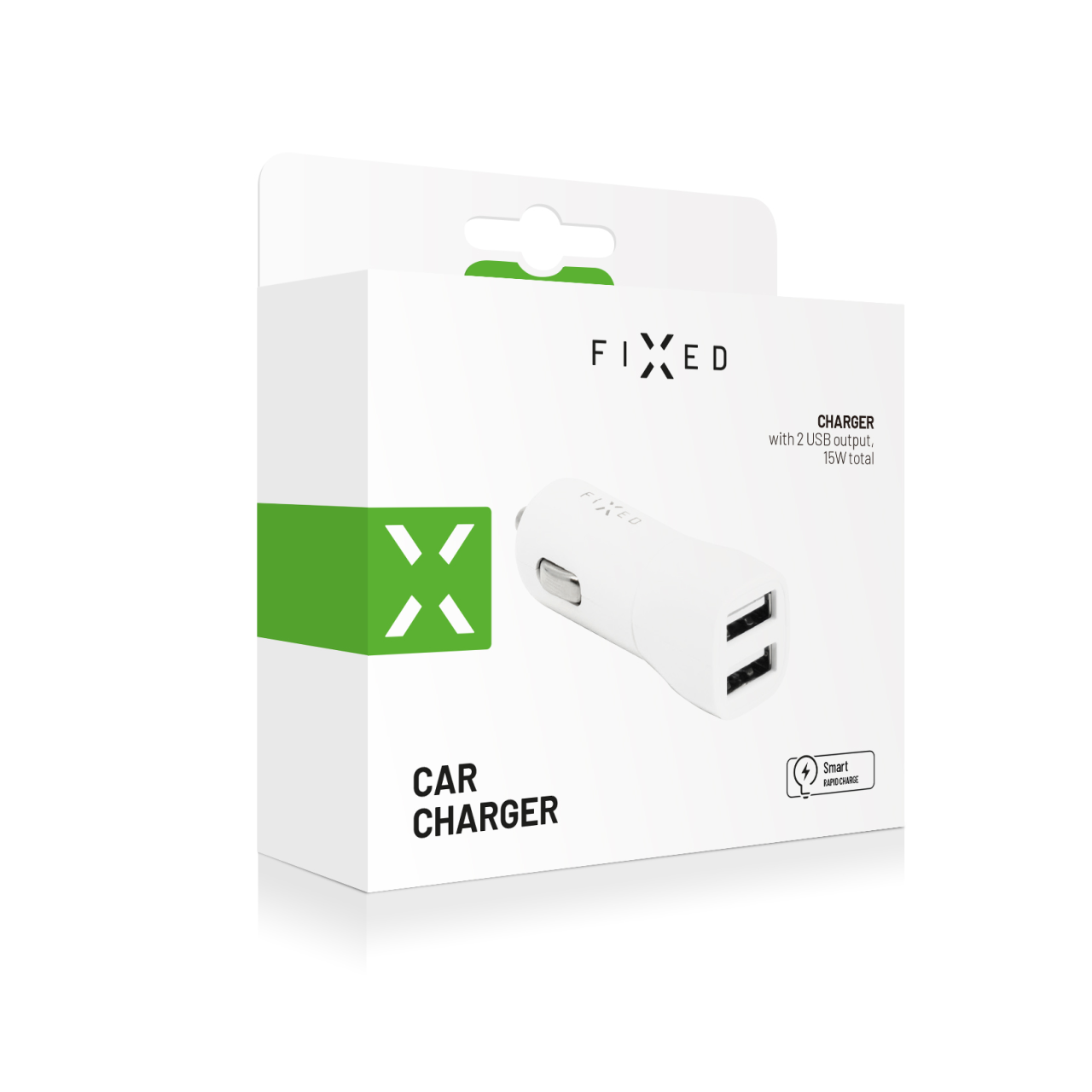 FIXED Autonabíječka s 2xUSB výstupem, 15W Smart Rapid Charge, bílá