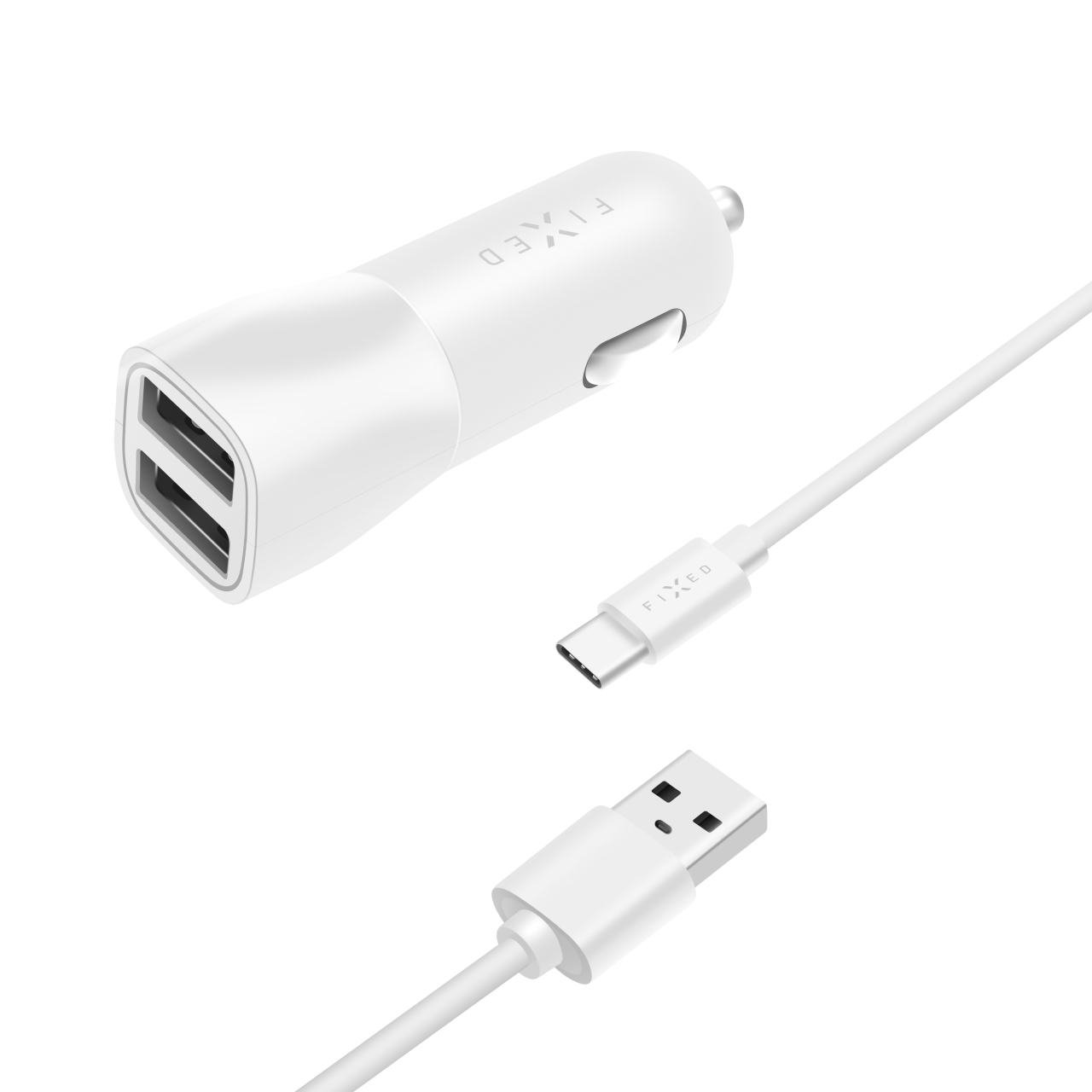 FIXED Set autonabíječky s 2xUSB výstupem a USB/USB-C kabelu, 1 metr, 15W Smart Rapid Charge, bílá