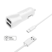 FIXED Set autonabíječky s 2xUSB výstupem a USB/USB-C kabelu, 1 metr, 15W Smart Rapid Charge, bílá