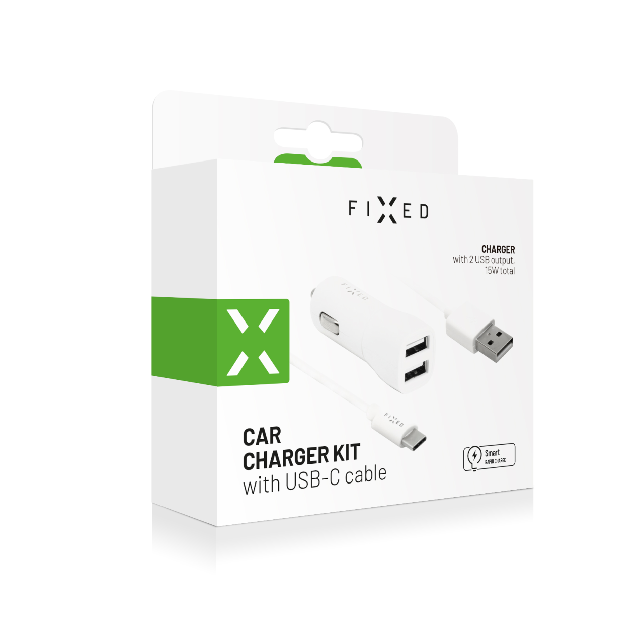 FIXED Set autonabíječky s 2xUSB výstupem a USB/USB-C kabelu, 1 metr, 15W Smart Rapid Charge, bílá
