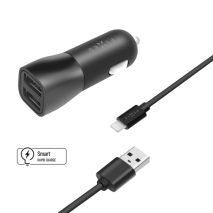 FIXED Set autonabíječky s 2xUSB výstupem a USB/Lightning kabelu, 1 metr, MFI certifikace, 15W Smart Rapid Charge, černá