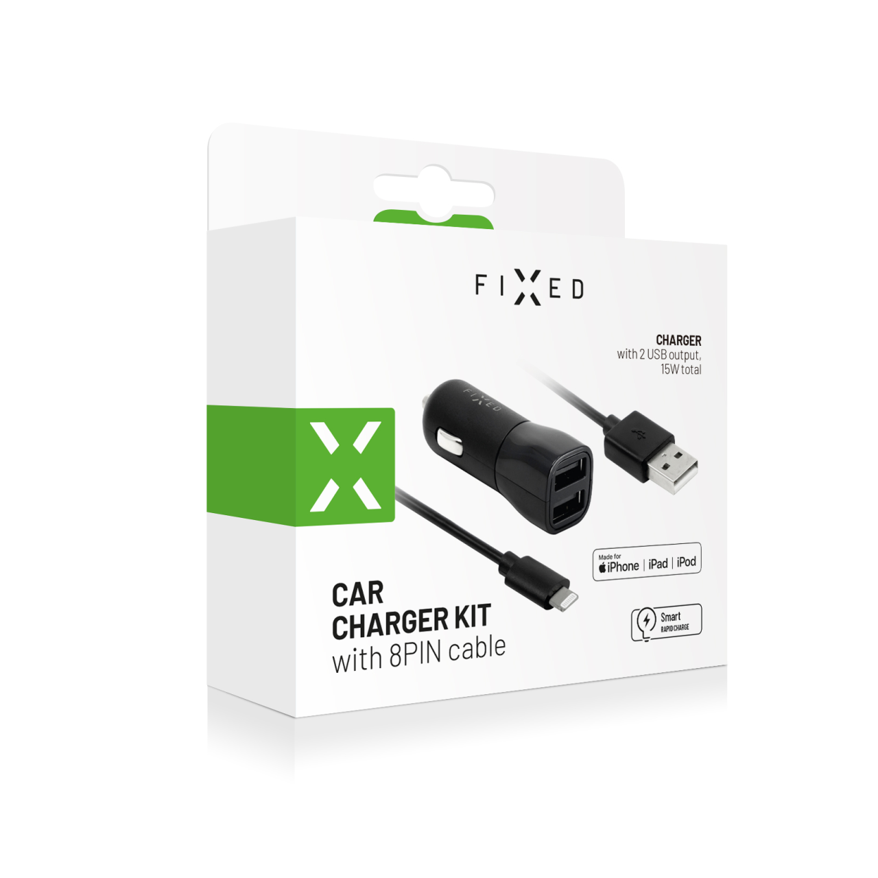 FIXED Set autonabíječky s 2xUSB výstupem a USB/Lightning kabelu, 1 metr, MFI certifikace, 15W Smart Rapid Charge, černá