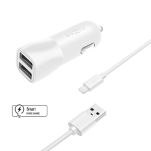 FIXED Set autonabíječky s 2xUSB výstupem a USB/Lightning kabelu, 1 metr, MFI certifikace, 15W Smart Rapid Charge, bílá