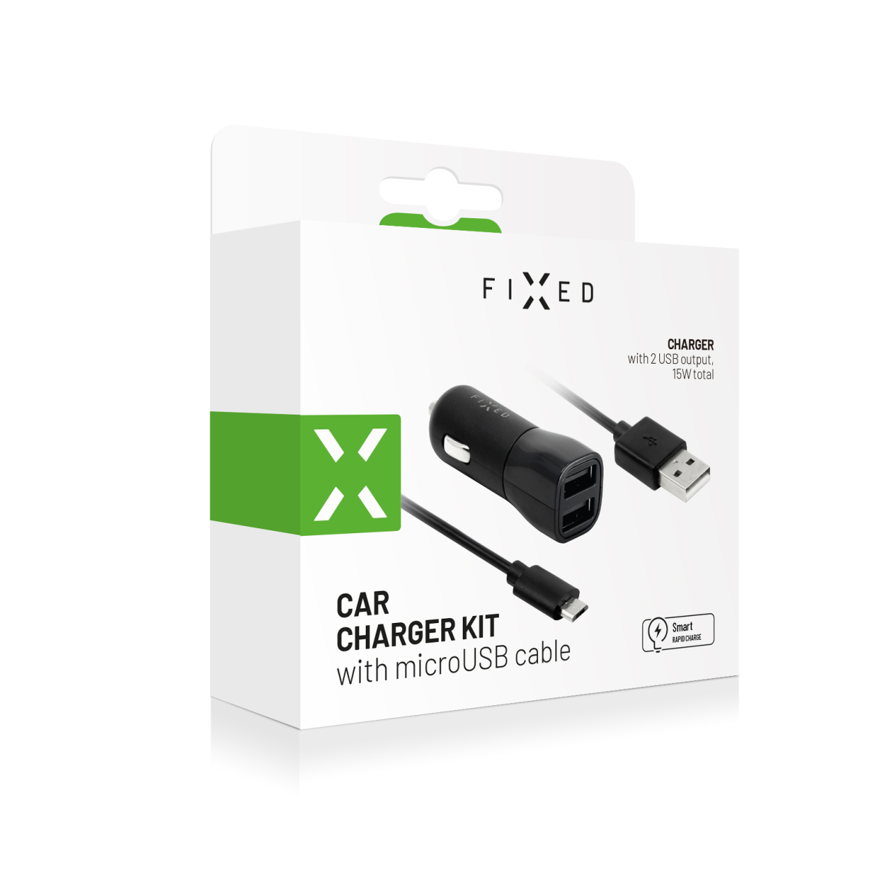 FIXED Set autonabíječky s 2xUSB výstupem a USB/micro USB kabelu, 1 metr, 15W Smart Rapid Charge, černá