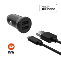 FIXED Set autonabíječky s 2xUSB výstupem a USB/Lightning kabelu, 1 metr, MFi certifikace, 15W Smart Rapid Charge, černá