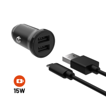 FIXED Set autonabíječky s 2xUSB výstupem a USB/micro USB kabelu, 1 metr, 15W Smart Rapid Charge, černá