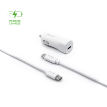 FIXED Set autonabíječky s USB-C výstupem a USB-C/USB-C kabelu, podpora PD, 1 metr, 18W, bílý