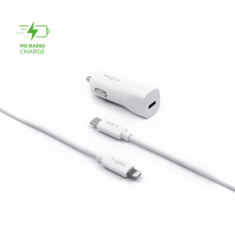 FIXED Set autonabíječky s USB-C výstupem a USB-C/Lightning kabelu, podpora PD, 1 metr, MFI, 18W, bílý
