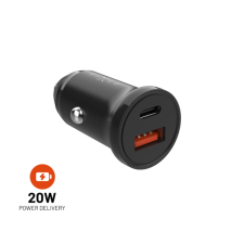 FIXED Autonabíječka s USB-C a USB výstupem a podporou PD, 20W, černá