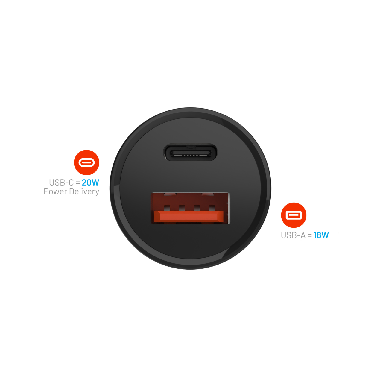 FIXED Autonabíječka s USB-C a USB výstupem a podporou PD, 20W, černá