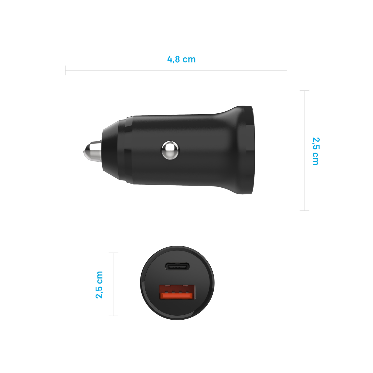 FIXED Autonabíječka s USB-C a USB výstupem a podporou PD, 20W, černá