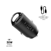 FIXED Set autonabíječky s 2xUSB-C výstupem a USB-C/Lightning kabelu, podpora PD, 1,2 metr, MFI, 30W, černý