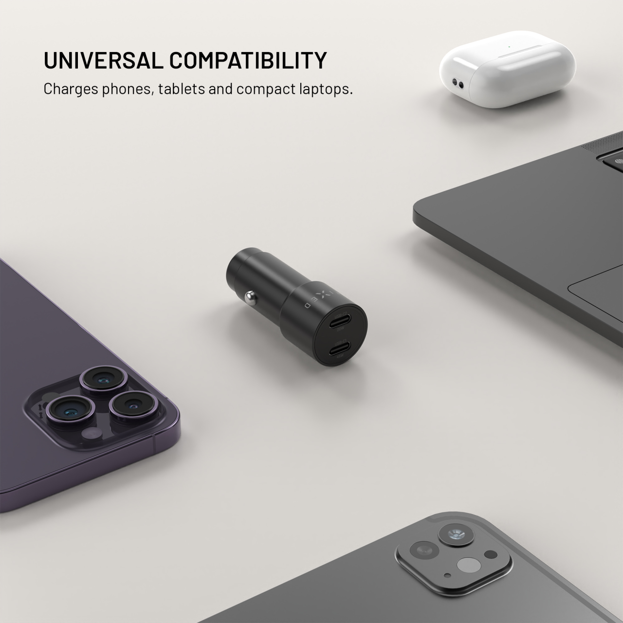Autonabíječka FIXED s 2xUSB-C výstupem, podpora PD 3.0, 65W, černá
