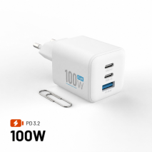 GaN nabíječka do sítě 100W s 2xUSB-C a USB výstupem, podpora PD - Fixed Mini, bílá