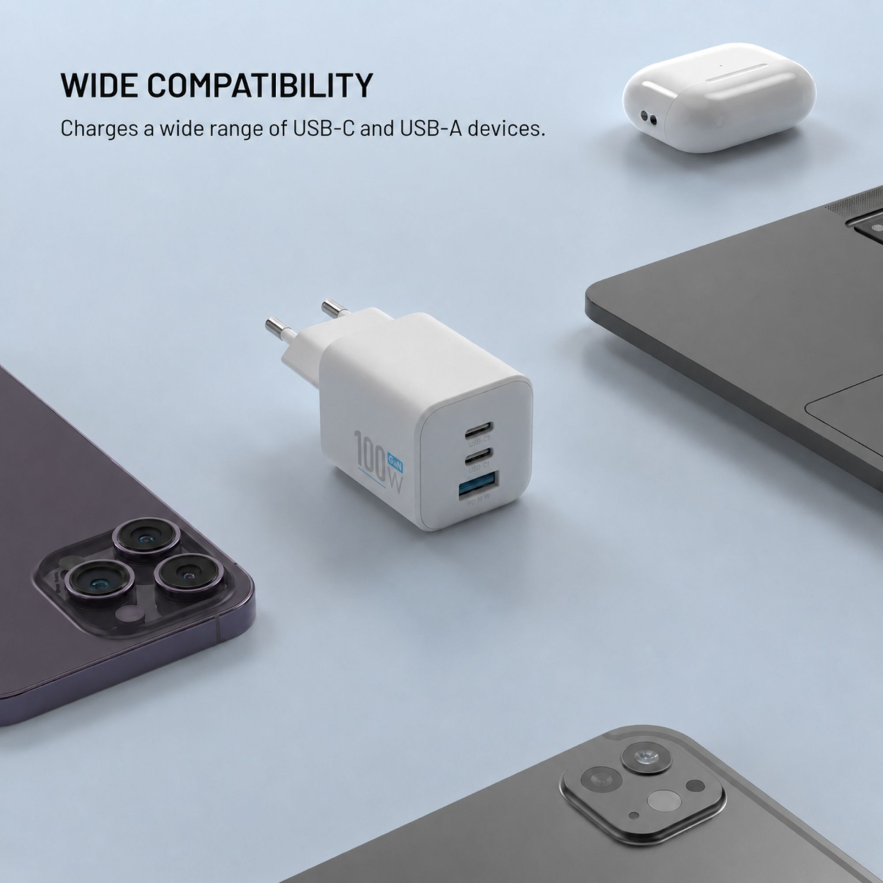 GaN nabíječka do sítě 100W s 2xUSB-C a USB výstupem, podpora PD - Fixed Mini, bílá