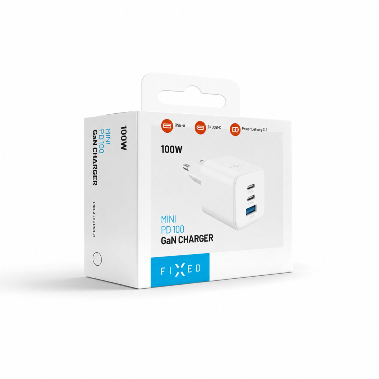 GaN nabíječka do sítě 100W s 2xUSB-C a USB výstupem, podpora PD - Fixed Mini, bílá