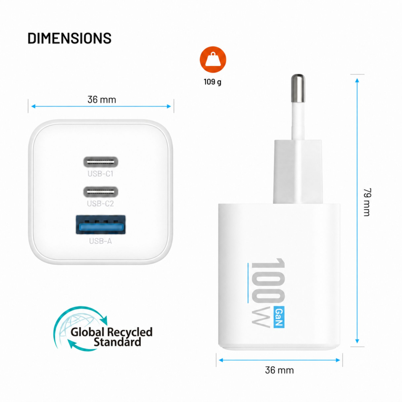 GaN nabíječka do sítě 100W s 2xUSB-C a USB výstupem, podpora PD - Fixed Mini, bílá