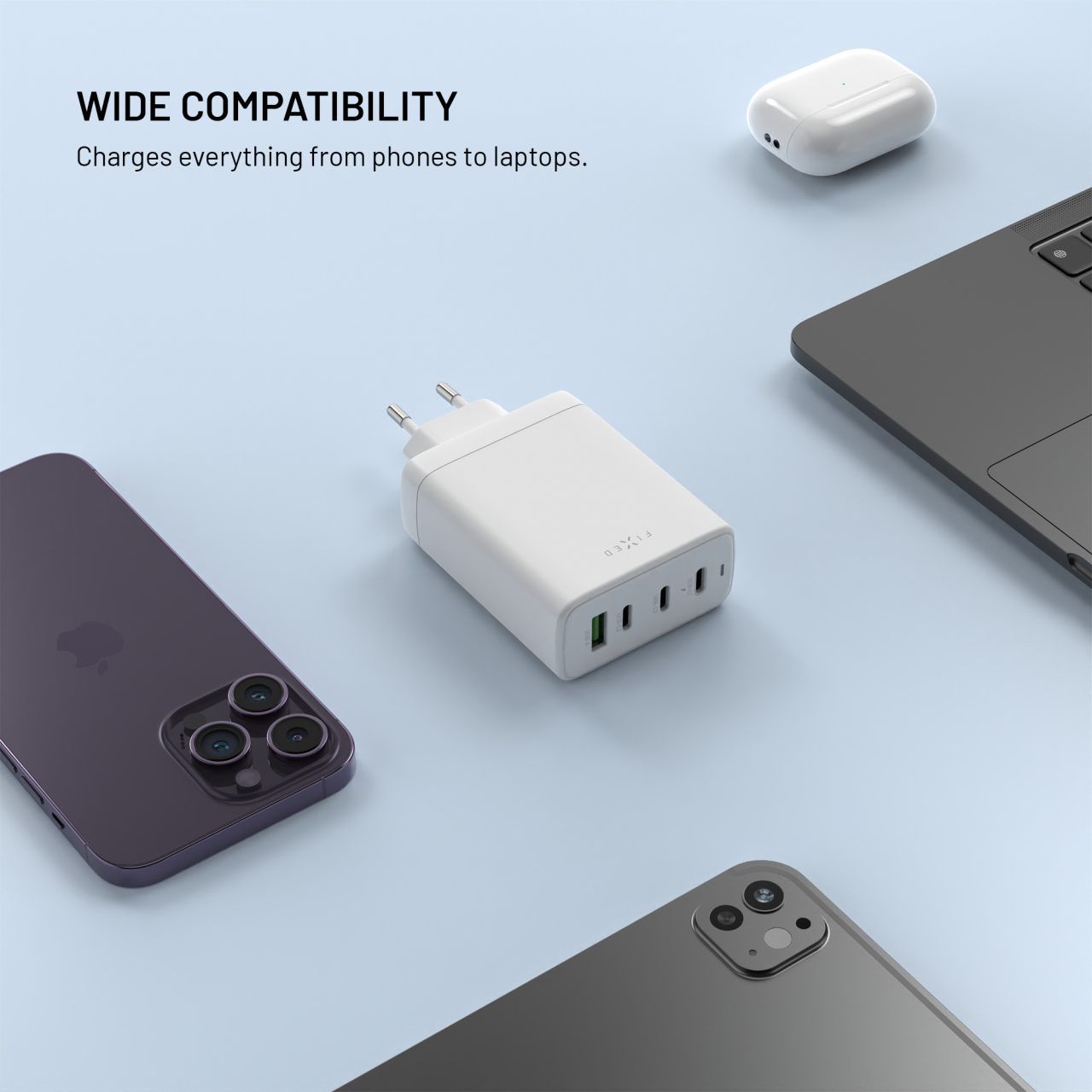 Síťová GaN nabíječka FIXED s 3xUSB-C a USB výstupem, podpora PD 3.0, 120W, bílá